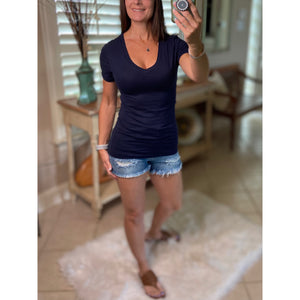 “Basic Babe” Low Cut V-Neck Cleavage Baby Slimming Basic Tee Shirt Top Navy S/M/L/X