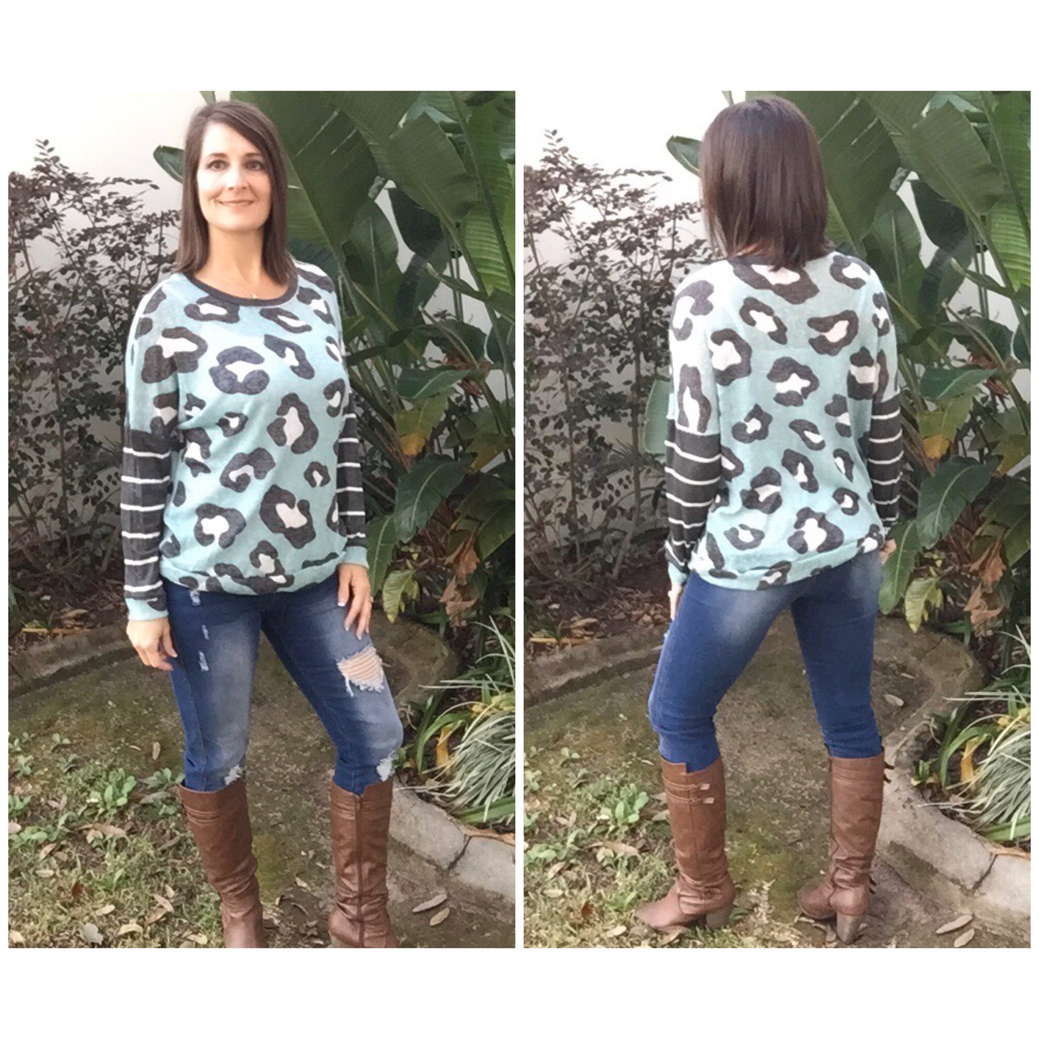 "Wild Thing" Leopard Animal Print Gauzy Knit Round Neck Floaty Striped Long Sleeve Mint Green