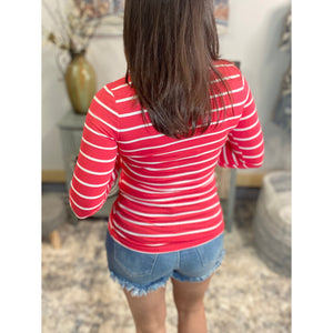 "Follow Me" Nautical Striped Preppy Stretch V-Neck Low Cut L/S Shirt Bright Coral White S/M/L