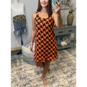 "My Way" Chiffon Double Strap Racerback Sheer Overlay Dress Geometric Orange Navy S/M/L