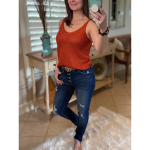 “Spring Fling” Sexy Low Double V Neck Back Sleeveless Dressy Sweater Tank Rust