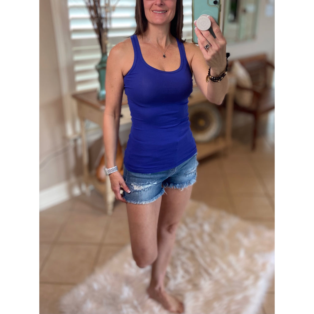 "Can't Touch This" Ribbed Low Scoop Boy Beater Cleavage Fitted Tank Top Bright Blue S/M/L/XL