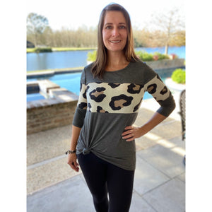 "Forever Yours" Leopard Color Block Contrast Scoop Neck Floaty 3/4 Sleeves Gray