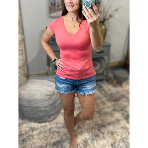 Burnout Low Cut V-Neck Cleavage Baby Slimming Tee Shirt Coral S/M/L/XL