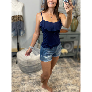 Chiffon Ruffle Scoop Neck Low Cut Cleavage Tank Cami Top Navy S/M/L