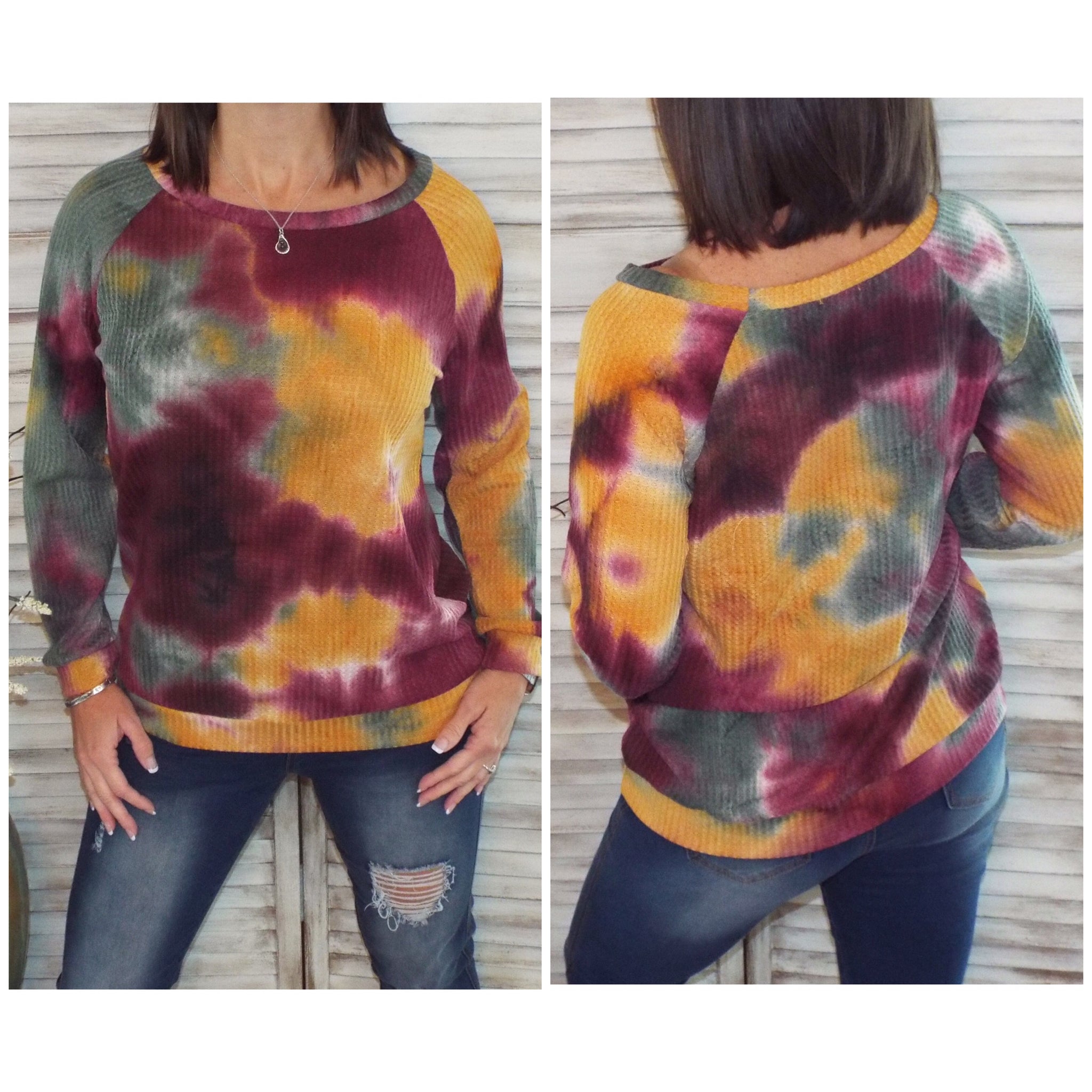 Multi Tie Dye Waffle Thermal Wide Neck Pull Over Long Sleeve Banded Top S/M/L