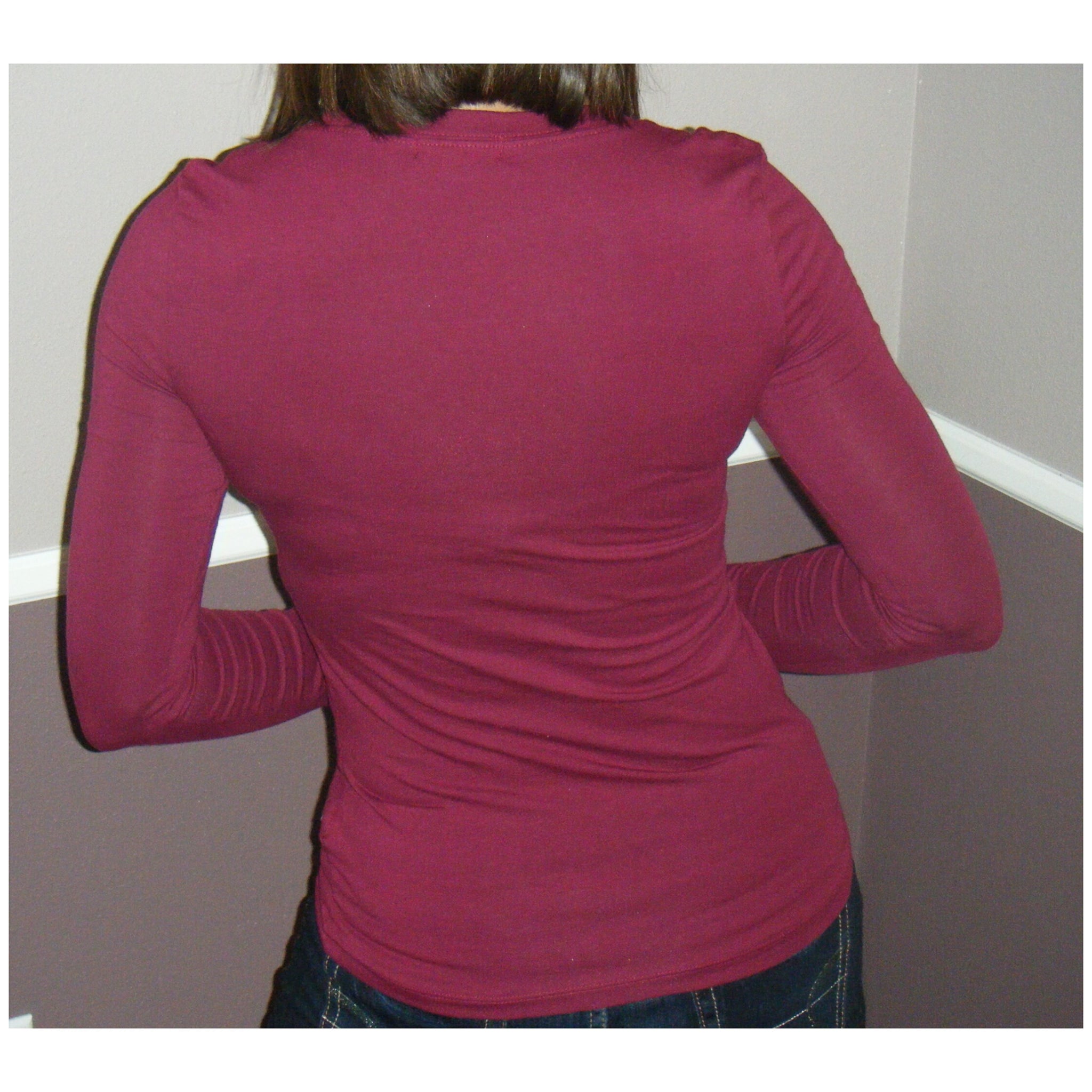 “Easygoing” Slimming Scoop Neck Low Cut L/S Tissue Basic Baby Shirt Burgundy 1X/2X/3X