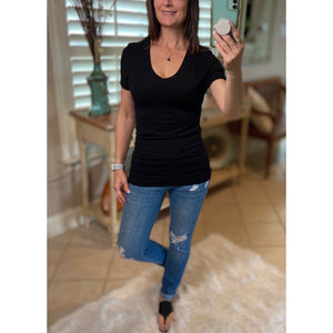 "Basic Babe" V-Neck Cleavage Baby Slimming Basic Tee Shirt Black 1X/2X/3X