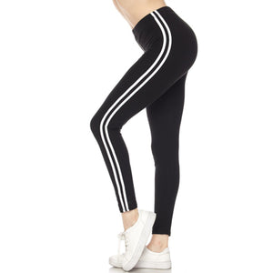 Sporty Striped High Rise Athletic Leggings Stretch Ankle Length Lounge Pants Black OS
