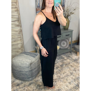 “Endless Summer” Ribbed V-Neck Sleeveless Spaghetti Strap Dressy Jumpsuit Black