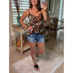 “Heat Wave” Reversible Leopard Low Scoop Or V Neck Spaghetti Strap Tank Top Brown