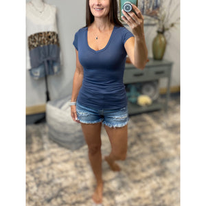 “Basic Babe” Low Cut V-Neck Cleavage Baby Slimming Basic Tee Shirt Top Blue S/M/L