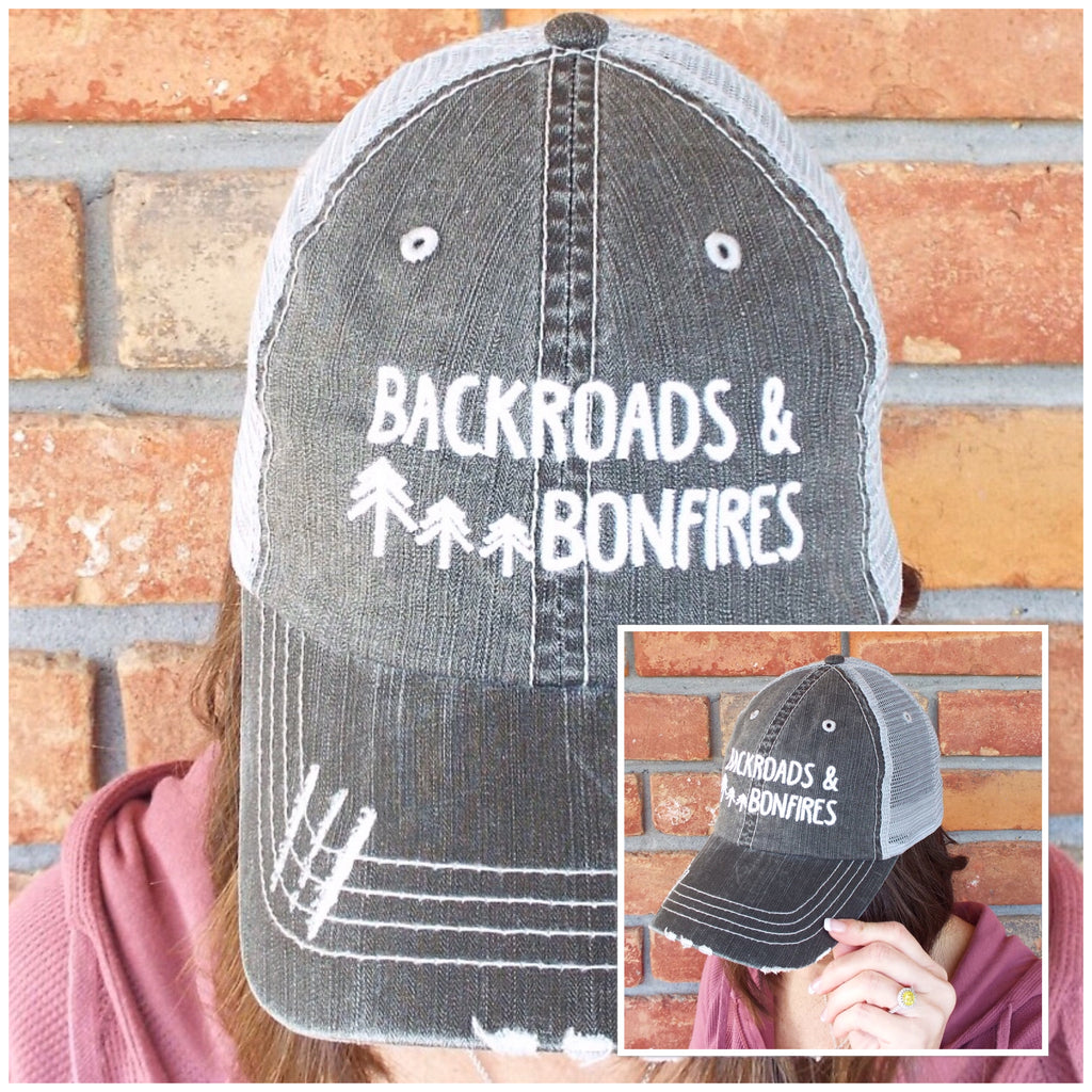 “Backroads & Bonfires” Distressed Embroidered Trucker Hat Mess Back Dark Gray