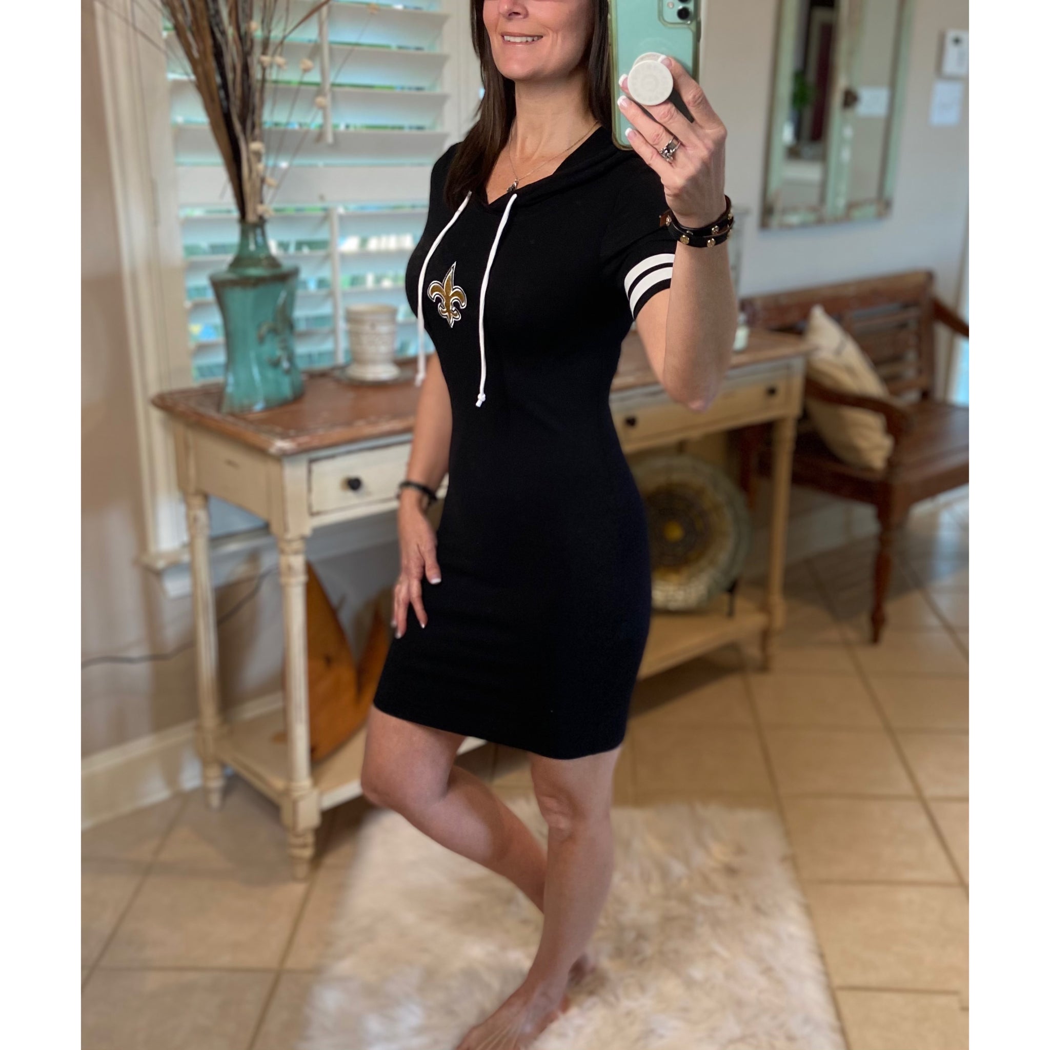 New Orleans Fleur de Lis Sporty Athletic Hoodie Bodycon Stretch Dress Blk S/M/L