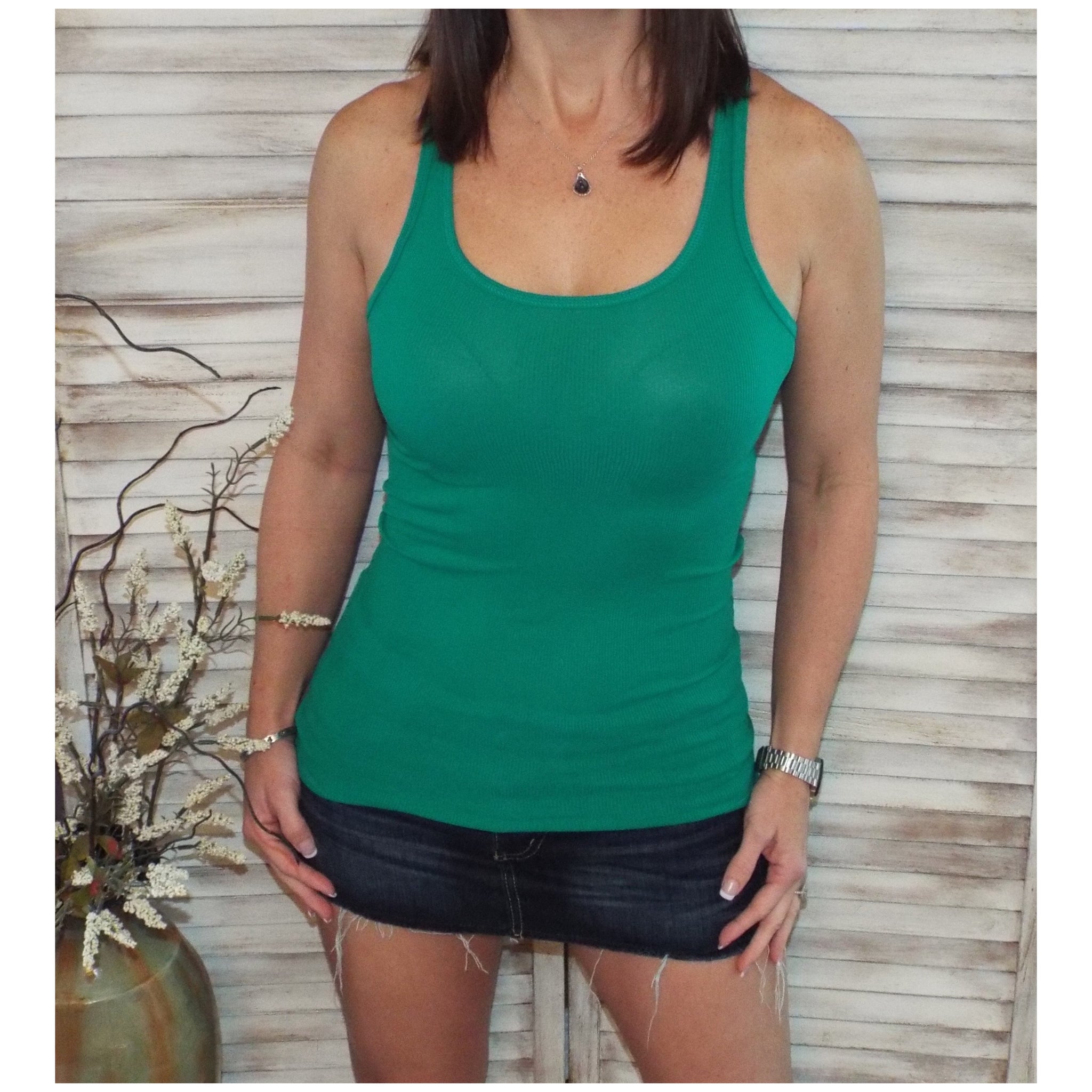 “Can’t Touch This” Ribbed Low Cut Scoop Boy Beater Cleavage Fitted Tank Top Green S/M/L