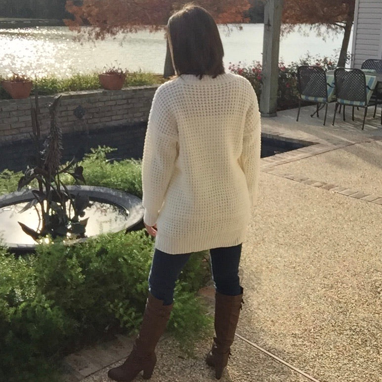 Oversized Chunky Waffle Round Neck Tunic Heavy Sweater Long Sleeve Top Ivory