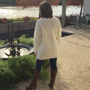 Oversized Chunky Waffle Round Neck Tunic Heavy Sweater Long Sleeve Top Ivory