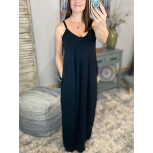 “Just A Little Bit Longer” V Neck Maxi Dress Pockets Adjustable Spaghetti Straps Summer Long Black