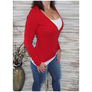 Sexy Preppy Cropped Cleavage Button Up Cardigan Long Sleeve Sweater Red
