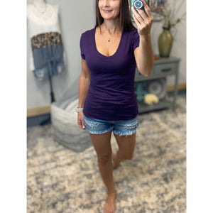 “Basic Babe” Low Cut V-Neck Cleavage Baby Slimming Basic Tee Shirt Dk Purple