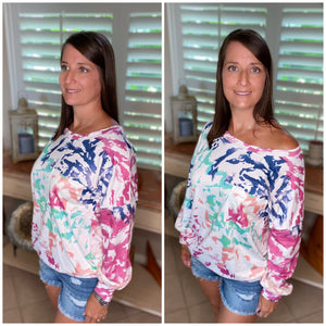 “Wild About You” Multi Tie Dye Wide Rounded Neck Off Shoulder Banded Long Sleeve Top Rose