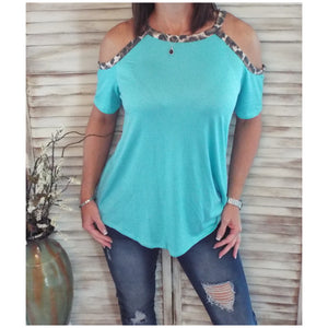 Very Sexy Leopard Trim Cold Shoulder Cutout Dolman Drape Top Mint S/M/L