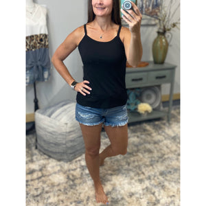 “Perfect Places” Ribbed Scoop Spaghetti Strap Cami Tank Top Black S/M/L