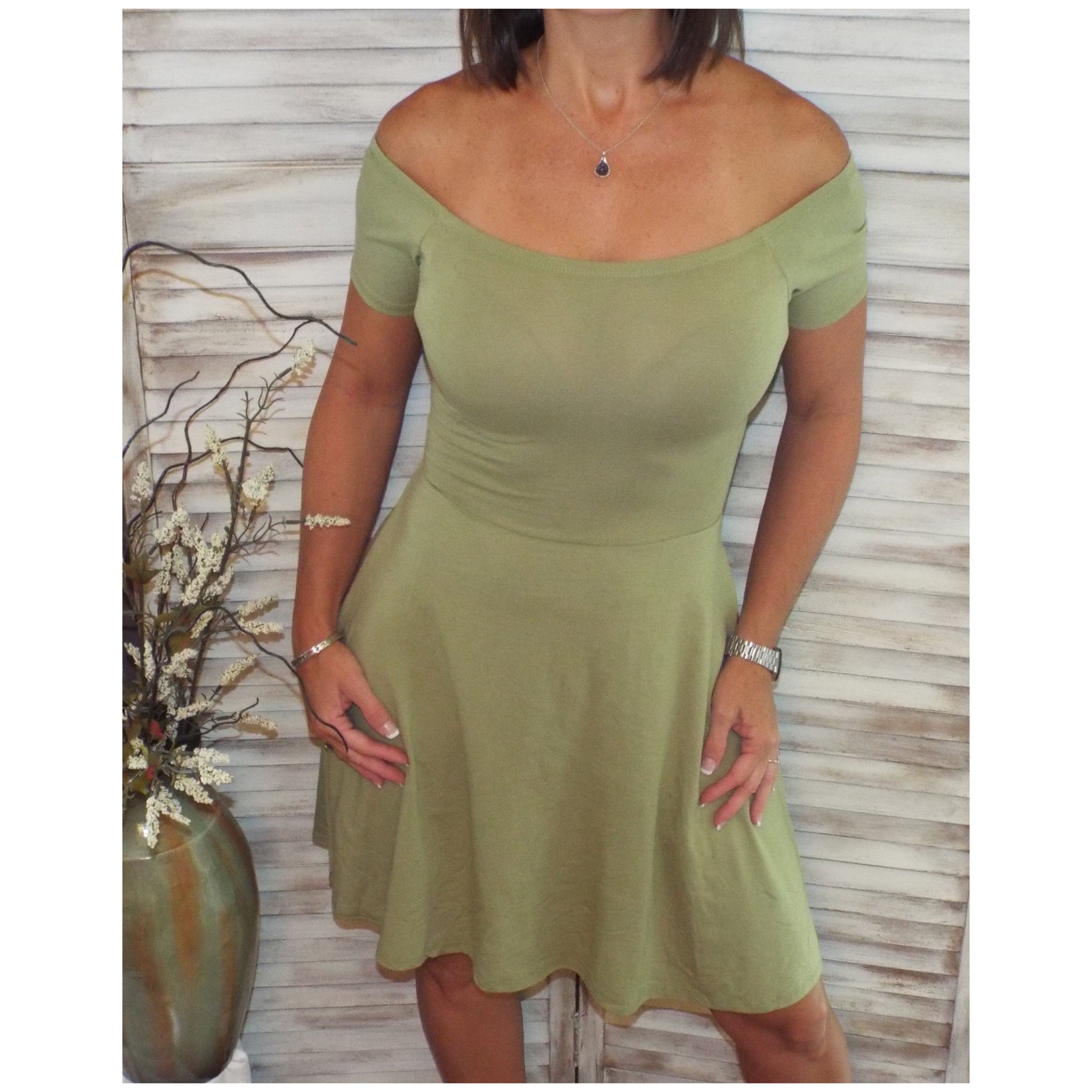 Sexy Off Shoulder Cross Back A-Line Short Sleeve Flare Dress Sage Green S/M/L