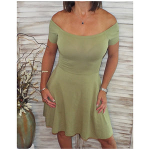 Sexy Off Shoulder Cross Back A-Line Short Sleeve Flare Dress Sage Green S/M/L