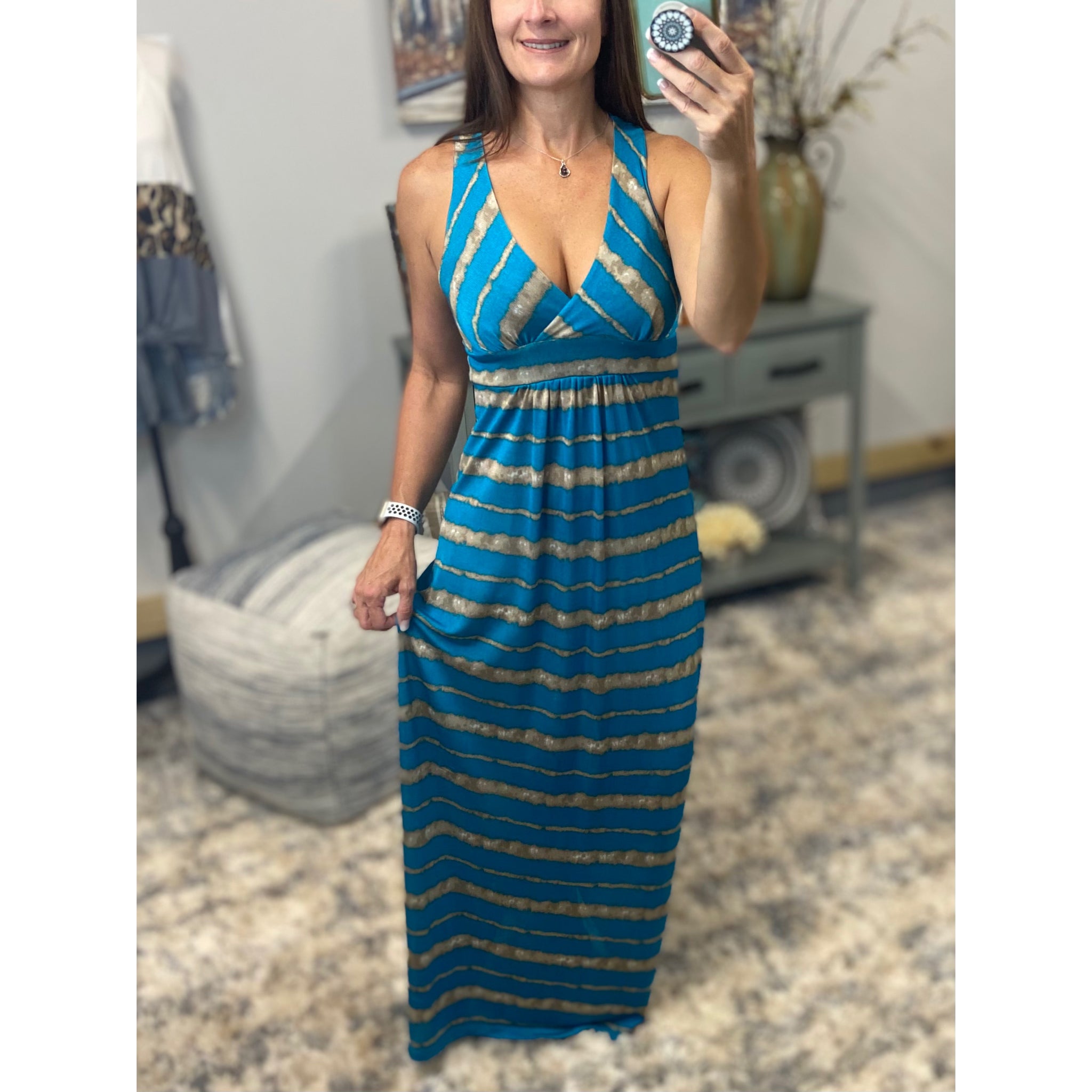 Sexy Cleavage Striped Tank Racerback Maxi Dress Long Tube Sundress Blue S/M/L
