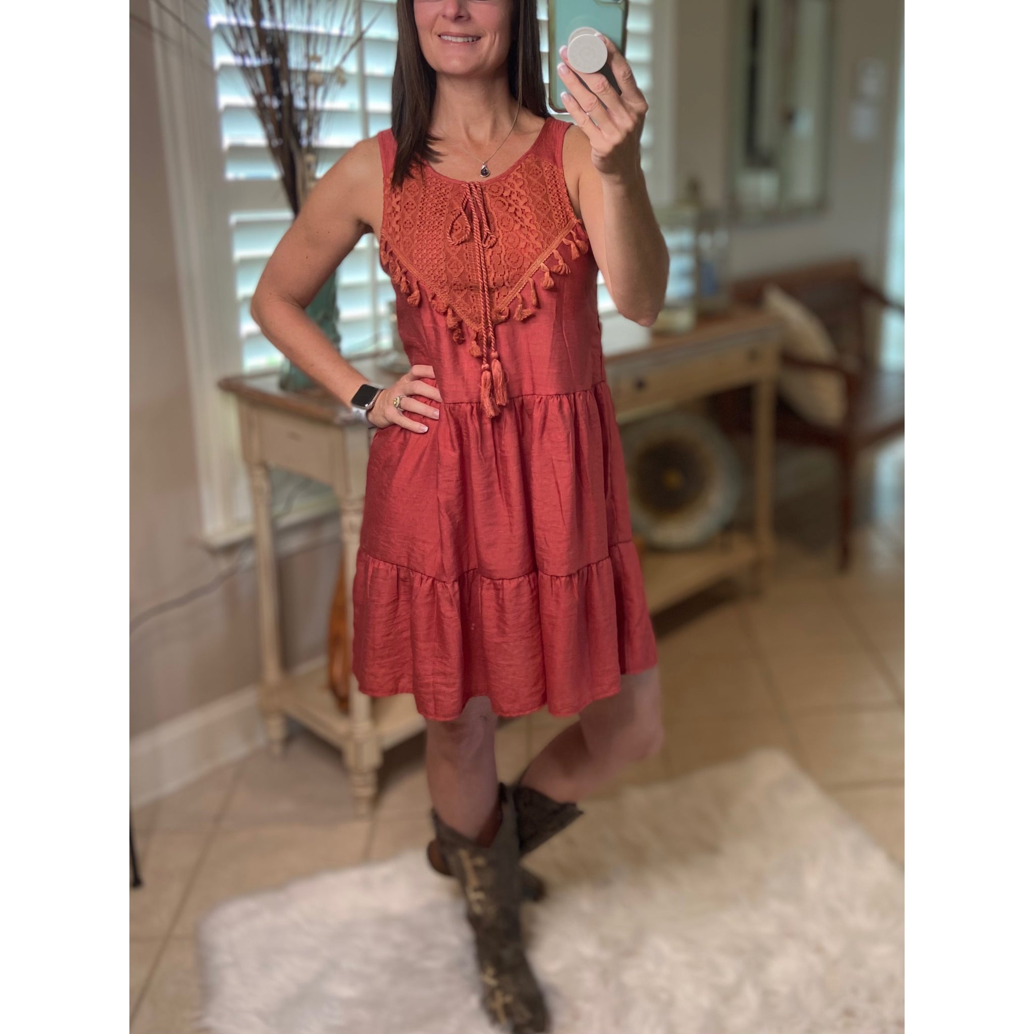 “Take a Bow” Crochet Boho Tiered V-Neck Tassel Tank Babydoll Chic Cowgirl Dress Rust