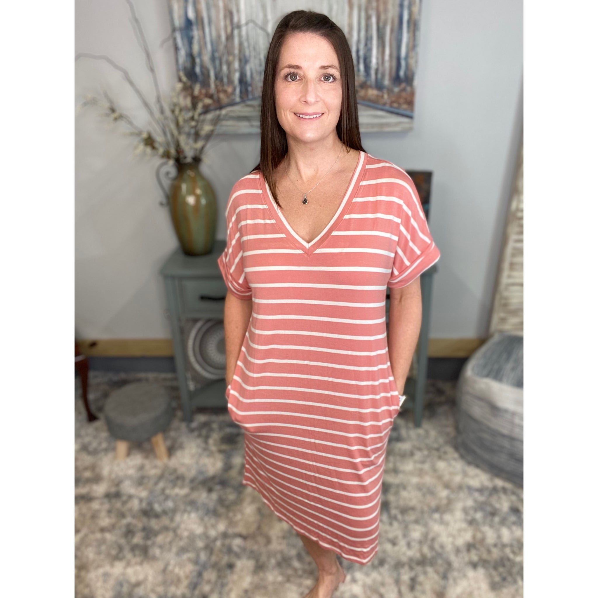 "Think Out The Box" Boxy V-Neck Striped Rolled Cuff Sleeve Pocket Summer Tee Shirt Dress Rose Pink S/M/L