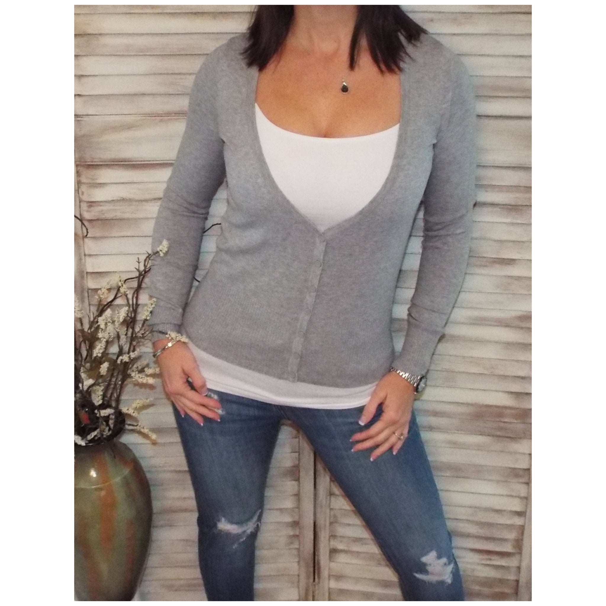 Sexy Preppy Cropped Cleavage Button Up Cardigan Long Sleeve Sweater Gray