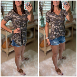 "Summertime Tee" Camouflage Loose Floaty V Neck Short Sleeve Boyfriend Tee Shirt Army Green