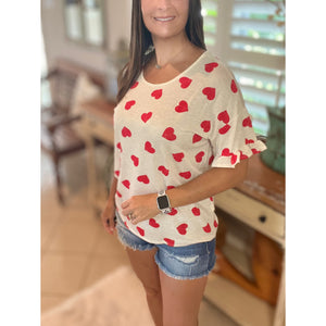 "Can't Buy Me Love" Heart Valentine Round Neck Short Ruffle Flutter Sleeve Top Red White