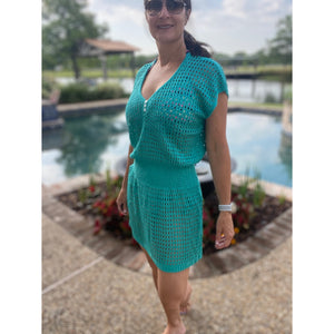 “Ocean Eyes” Crochet Mesh V Neck Mini Beach Swimsuit Cover Up Beach Pool Aqua Green One Size