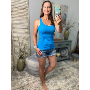 "Can't Touch This" Ribbed Low Scoop Boy Beater Cleavage Fitted Tank Top Deep Sky Blue S/M/L/XL