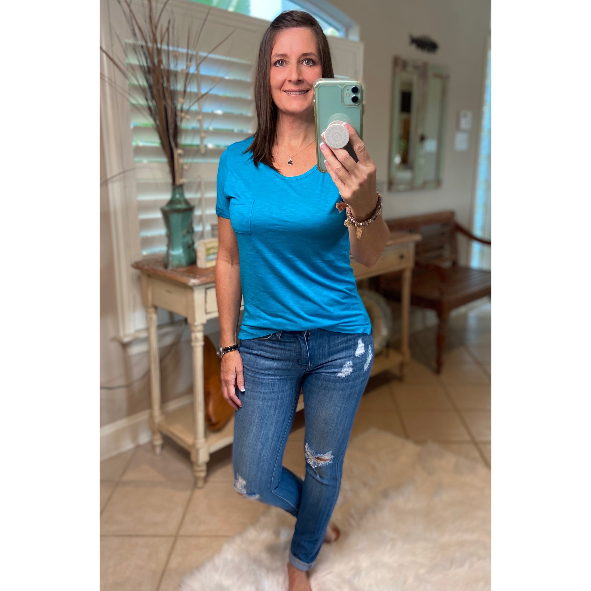 Very Sexy Sheer Burnout Melange Tissue Scoop Neck Top Shirt Tee Jade S/M/L