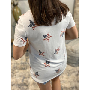 "All American Girl" Stars and Stripes 4th of July Star Print V-Neck Red White Blue S/M/L/XL