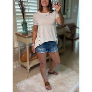 "I Gotta Feeling" Round Neck Floaty Tunic Short Sleeve Wood Button Detail Ivory S/M/L/XL