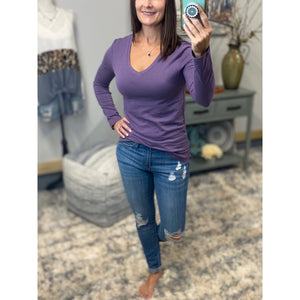 “Easygoing” Loose Slimming V Neck Low Cut Long Sleeve Tissue Basic Baby Shirt Top Lilac