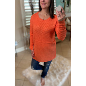 “Undone” Waffle Hi-Low Rounded Hem Long Sleeve Round Neck Tunic Sweater Coral