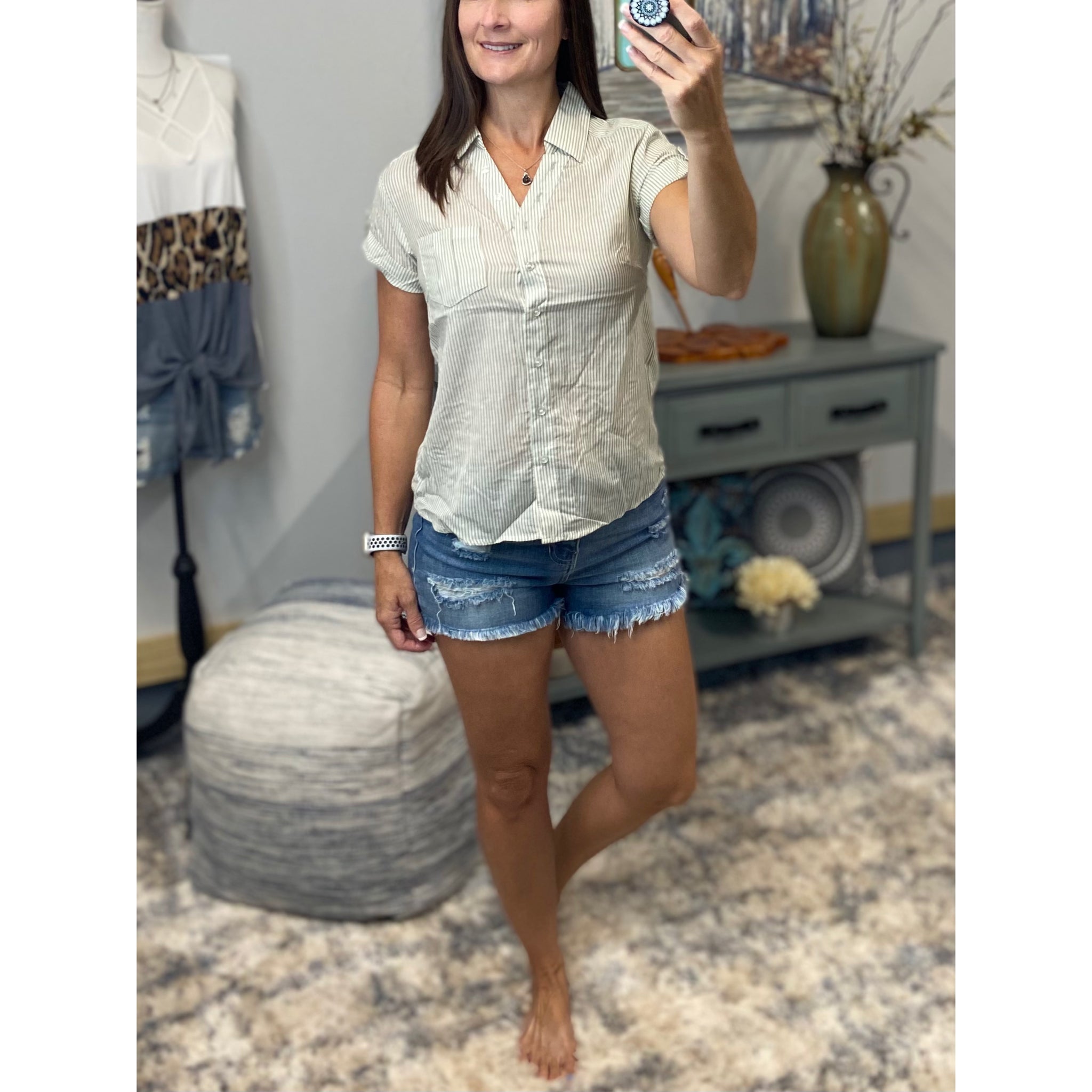 “Never Too Much” Striped V Neck Preppy Country Collar Pocket Button Up Tab Short Sleeve Sage