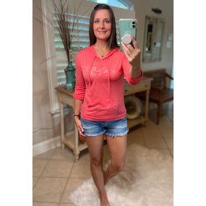 Sexy Sheer Burnout Drawstring Hoodie Tissue High Neck Top Shirt Pink