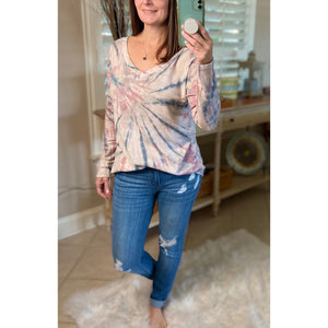 “Sunday Afternoon” Tie Dye French Terry V-Neck Long Sleeve Floaty Light Pink