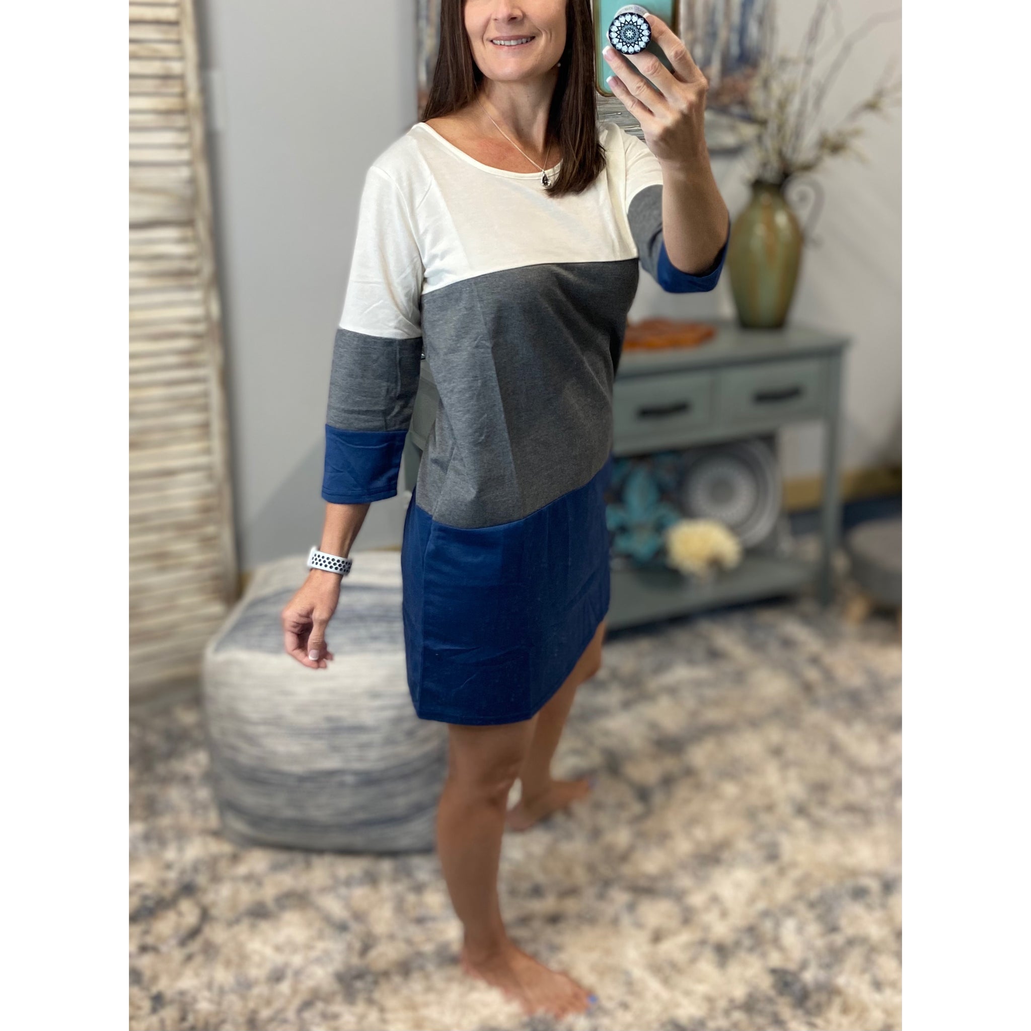 "Let It Be" Scoop Neck Color Block 3/4 Sleeve Pocket Shift Dress Navy Gray