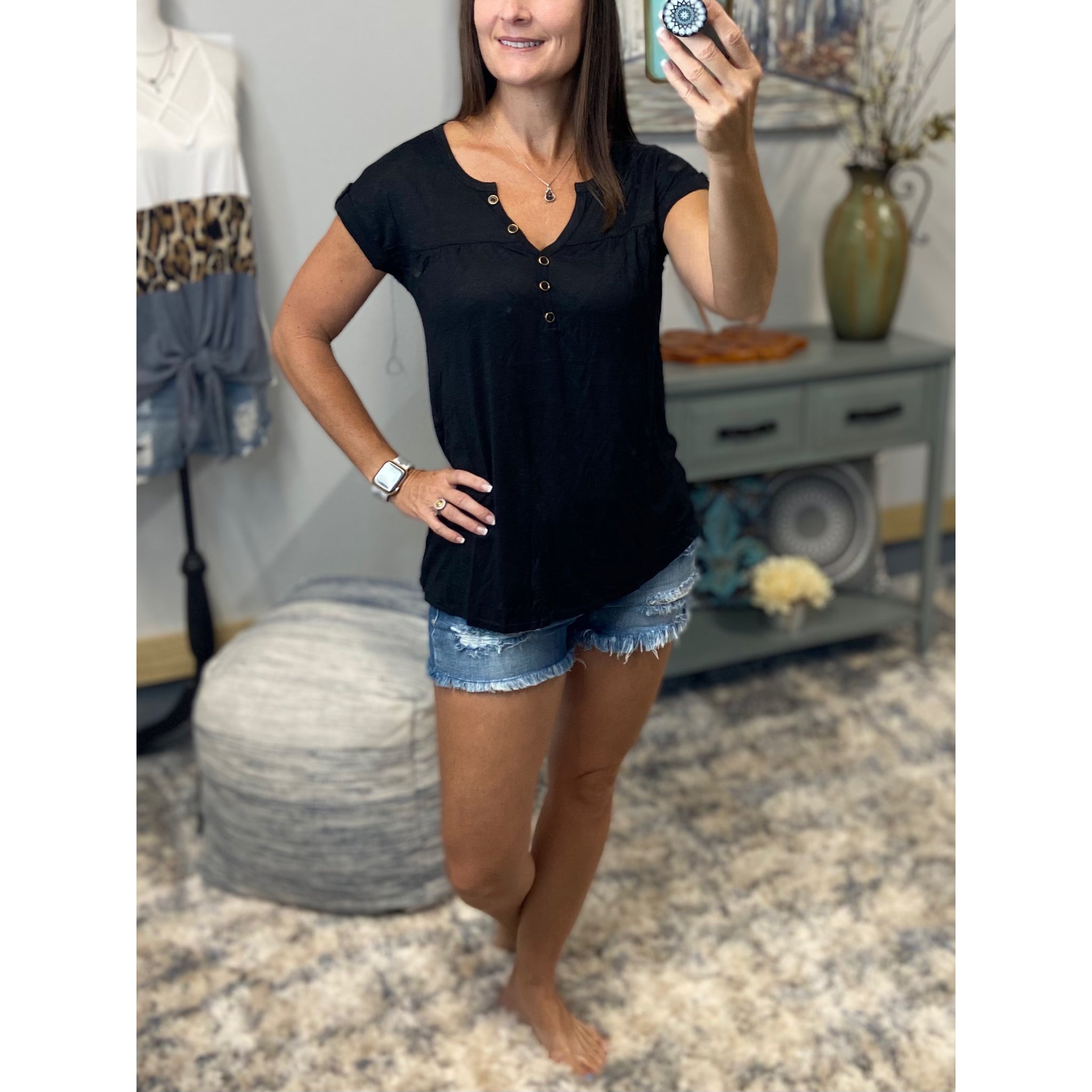 “Just Be You” Sheer Burnout Melange Tissue V Neck Henley Short Tab Sleeve Shirt Tee Black