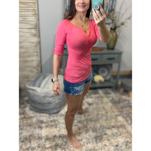 "Come Together" V Neck Crochet Plunge Cleavage Melange 3/4 Cuff Sleeve Top Coral Pink