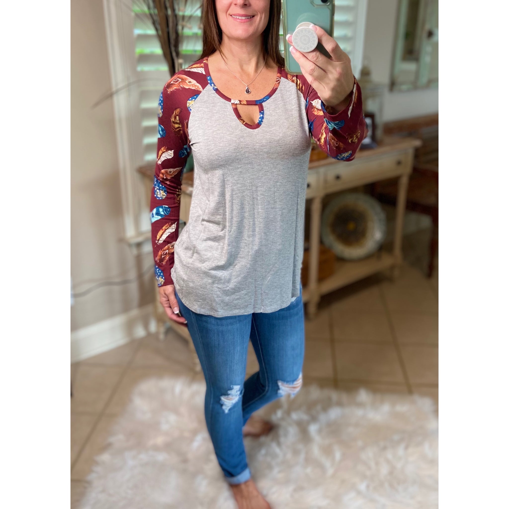 “Dream Catcher” Sporty Feather Long Sleeve Scoop Keyhole Neck Raglan Jersey Stretch Shirt Burgundy S/M/L