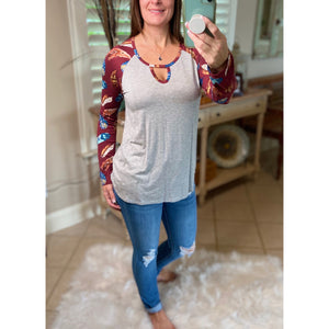“Dream Catcher” Sporty Feather Long Sleeve Scoop Keyhole Neck Raglan Jersey Stretch Shirt Burgundy S/M/L